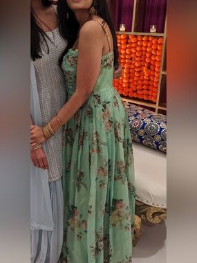 Green Accent Shoulder Ruffled Floral Gold Accent Anakarali Dress